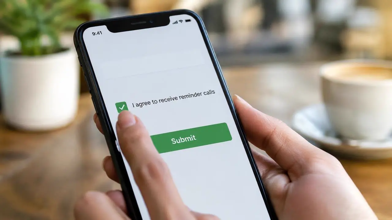 Hand setzt im Café auf dem Smartphone ein Häkchen bei der Einwilligung in Erinnerungsanrufe